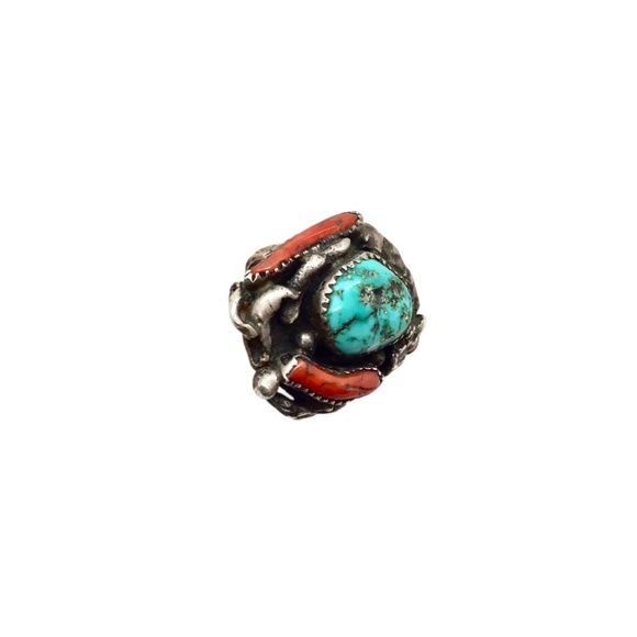 Sz 7, Vintage Ring, Turquoise Coral Sterling Silver Statement Ring - Picture 4 of 16